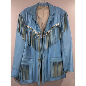 Charles Chevignon Blue Leather Jacket Size M Fringe Beads Western Cowgirl Navajo